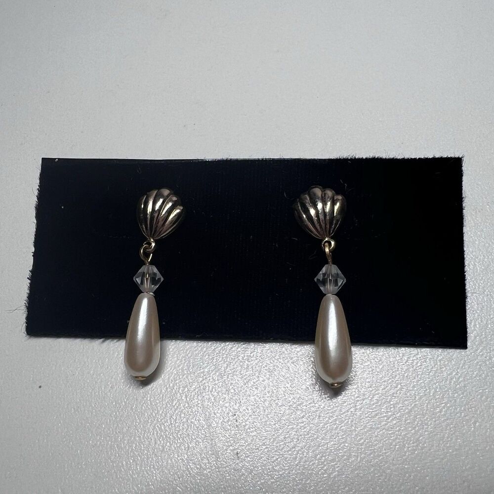 Vintage Silver Tone Seashell Faux Pearl Teardrop Dangle Drop Earrings 80s 90s